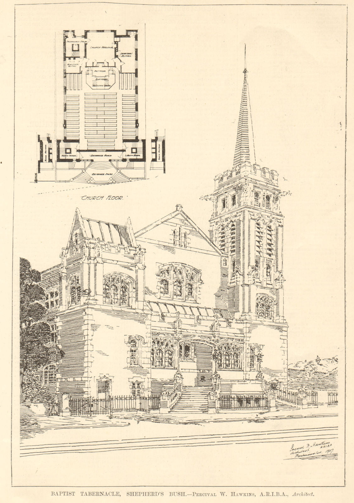 Baptist Tabernacle, Shepherd's Bush. Percival W. Hawkins, Architect 1907 print